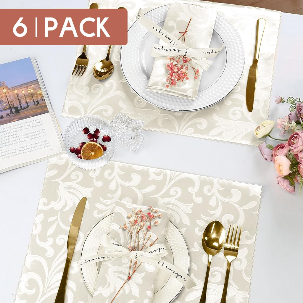 HASTHIP 6pcs Kitchen Napkins White Jacquard Dinning Cloth Napkins Elegant Polyester Dinning Table Napkins for Festival, Party, Birthday - Washable & Reusable, 19x19 Inch