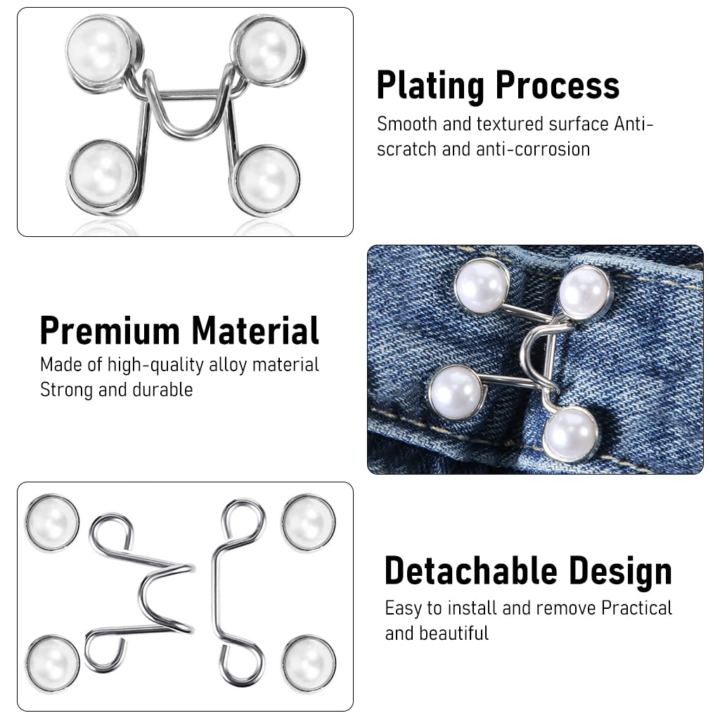 SANNIDHI 6 Pack Detachable Jeans Button Pins, Instant Adjustable Waist Buckle for Loose Jeans, Pearl Crystal Jeans Waist Adjuster Tightener for Pants, Skirt (No Sew Required)