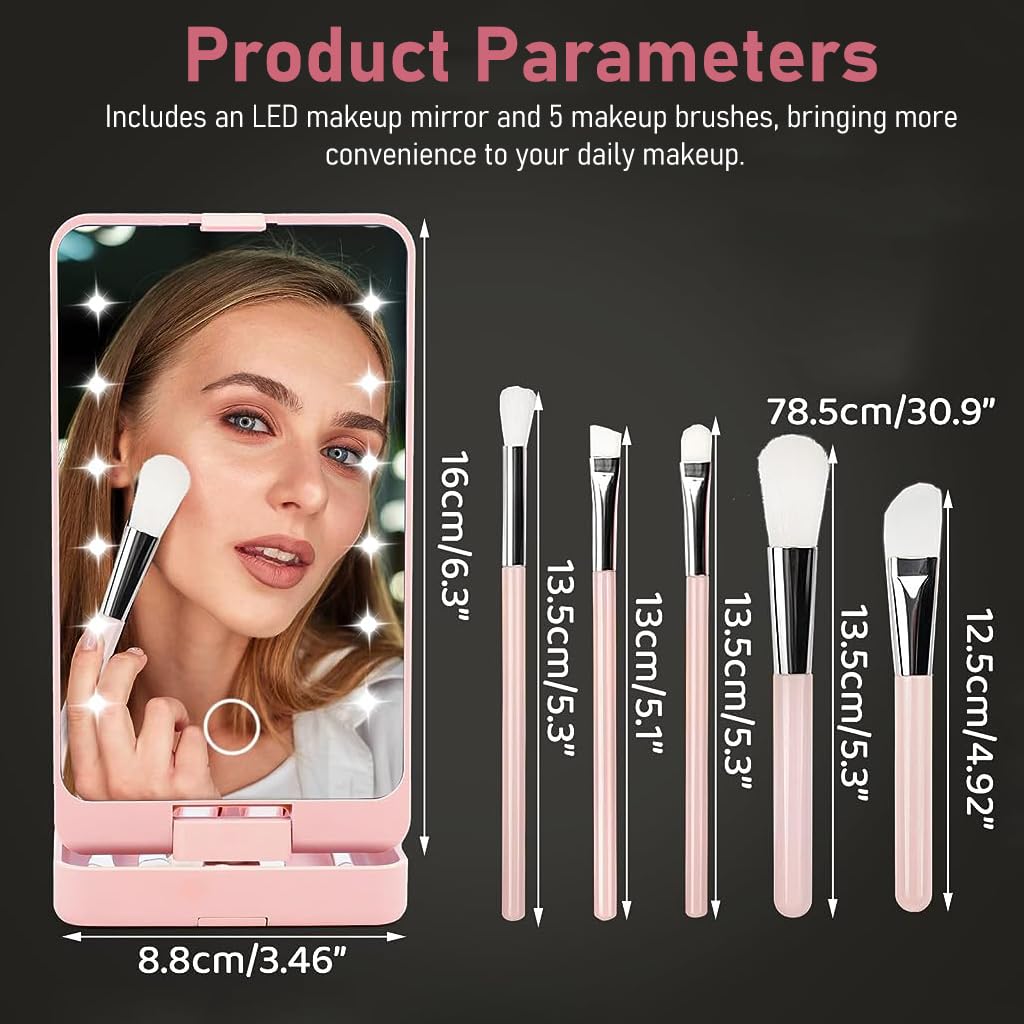 MAYCREATE Vanity Mirror with Light, 2 in 1 Rotatable Personal Beauty Mirror with 5 Makeup Brushes, LED Lights Dimmable Touch Screen Travel Lighted Mirror for Women and Girls