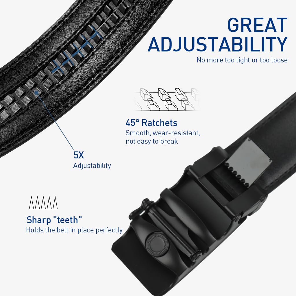 GUSTAVE Leather Belt for Men Casual Leather Belt 51'' Auto Lock Buckle Leather Belt Matte Metal Alloy Buckle Men Leather Belt Gift Father's Day Gift