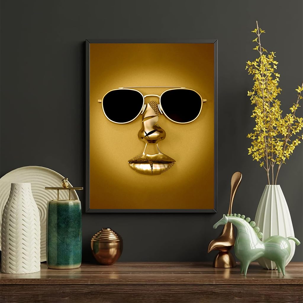 HASTHIP 3D Metal Figure Statue Art Couple Love Heart Kiss Pictures Wall Art Canvas Print Poster Drawing Decor for Home Living Room Bedroom Office - Without Frame, (30x40cm) Gold