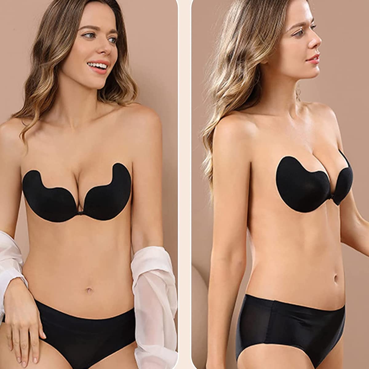 MAYCREATE 1 Pair Silicone Wire Free Stick-On Bra Padded, Adhesive Bra Strapless Invisible Reusable Sticky Bra for Backless Dress, Black