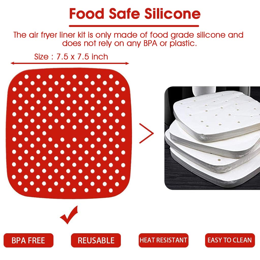 HASTHIP 2Pcs Air Fryer Liners, 8.5 Inch Air Fryer Silicone Baking Tray, Air Fryer Accessories, Non-Stick Air Fryers Basket Oven Accessories, Square Air Fryer Oven Pads (1 Red + 1 Black)