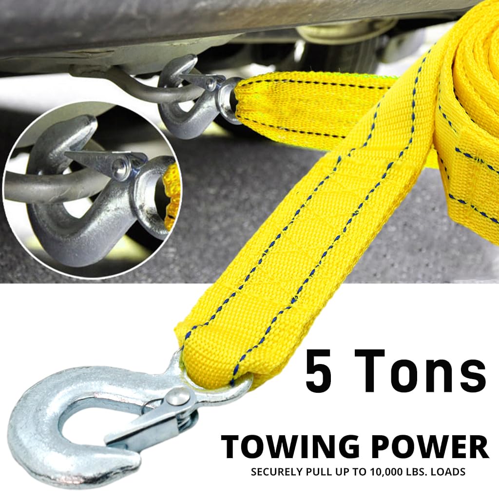 STHIRA 13ft 5-Tons Tow Rope for Car, Heavy Duty Tow Strap with Hooks Polyester Webbing Towing Rope Max 10, 000-Pound Capacity Towing Strap, Car Toe Cable Carry Up Sedans, SUVs, Pickup Trucks