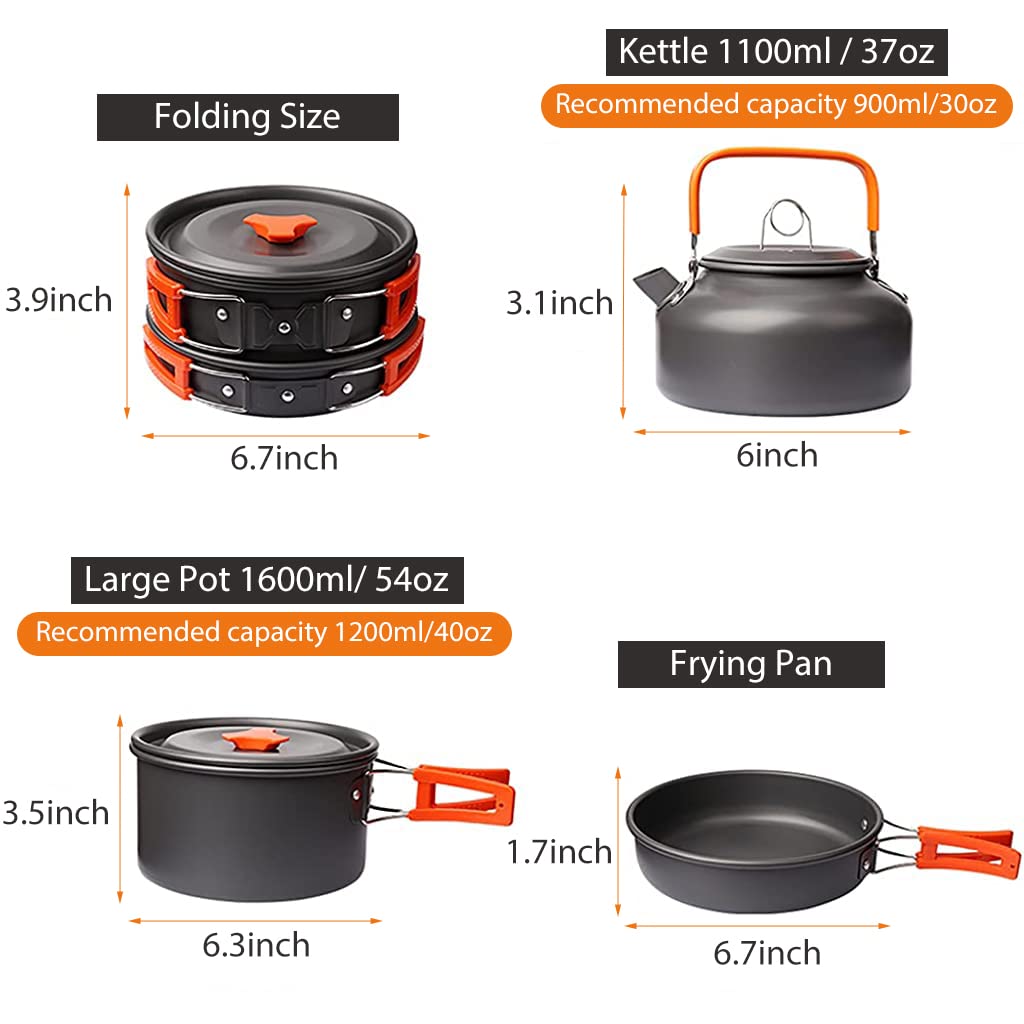 Proberos 9Pcs Camping Cooking Set with Cookware Bowl Pot Pan and Kettle, Aluminium Camping Cooking Utensils with Portable Bag for Outdoor Camping, Lightweight Camping Accessories for 2-3 People