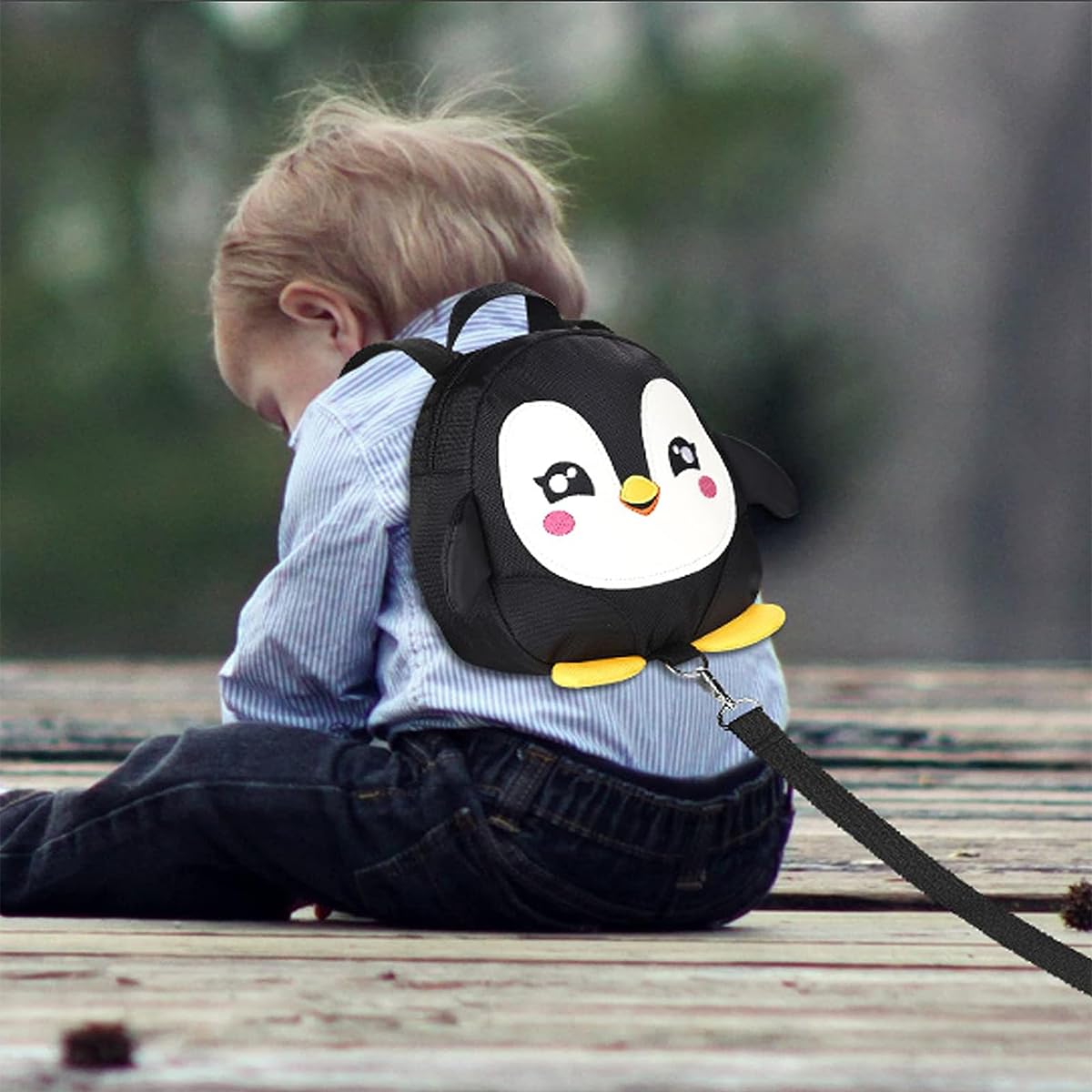 SNOWIE SOFT Cute Toddler Backpack with Detachable Safety Leash Anti Lost Kids Travel Backpack for Toddlers Cartoon Penguin Backpack Toddler Backpack for Girls Boys (Black)