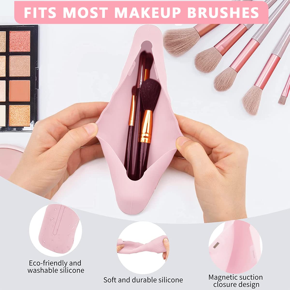 MAYCREATE Makeup Brush Holder Travel Silicone Cosmetic Face Brushes Holder, Portable Soft and Sleek Makeup Brush Organizer Pouch Tools (Pink B)