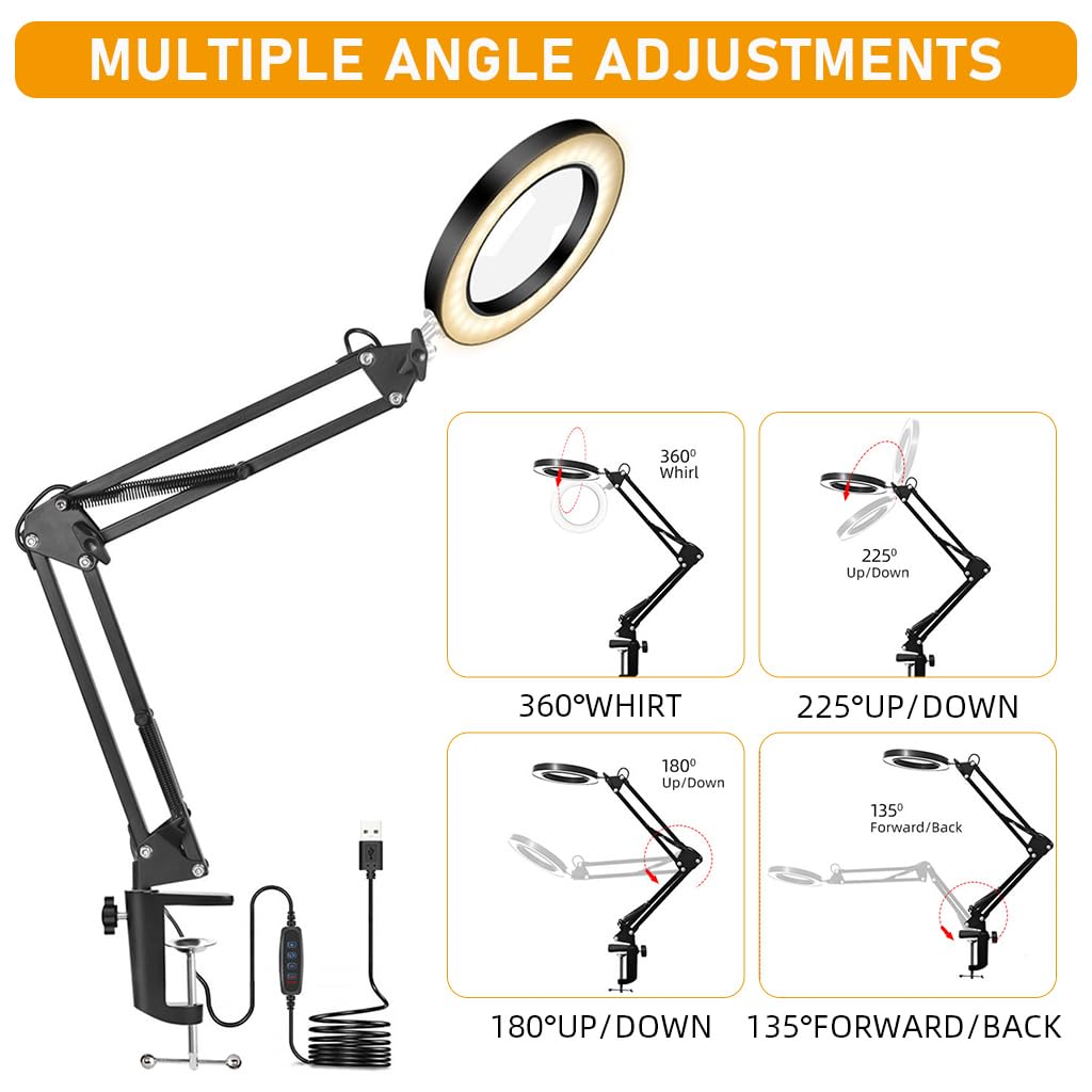 HASTHIP Desk LED Magnifier 10X Magnifier with Flexible Arm, USB 3-Color LED Magnifier with Controller Desk Mounted LED Lamp USB Desk LED Magnifier for Repairing, Reading, DIY Crafting