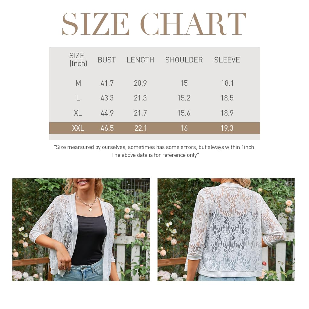PALAY Womens Casual Summer Lace Cardigan Open Front 3/4 Sleeve Solid Crochet Bolero Jacket Lace Shrug Cover Up