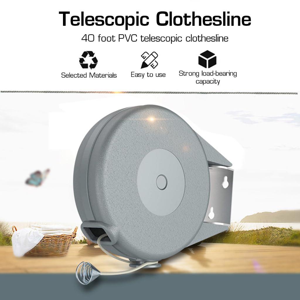 HASTHIP Retractable Clothesline - 30lbs Portable Heavy Duty Indoor and Outdoor Washing Line, 39 Feet PVC Retracting Clothes Line with Wooden Clamp, Wire Clothesline Outdoor Clothesline (Grey)