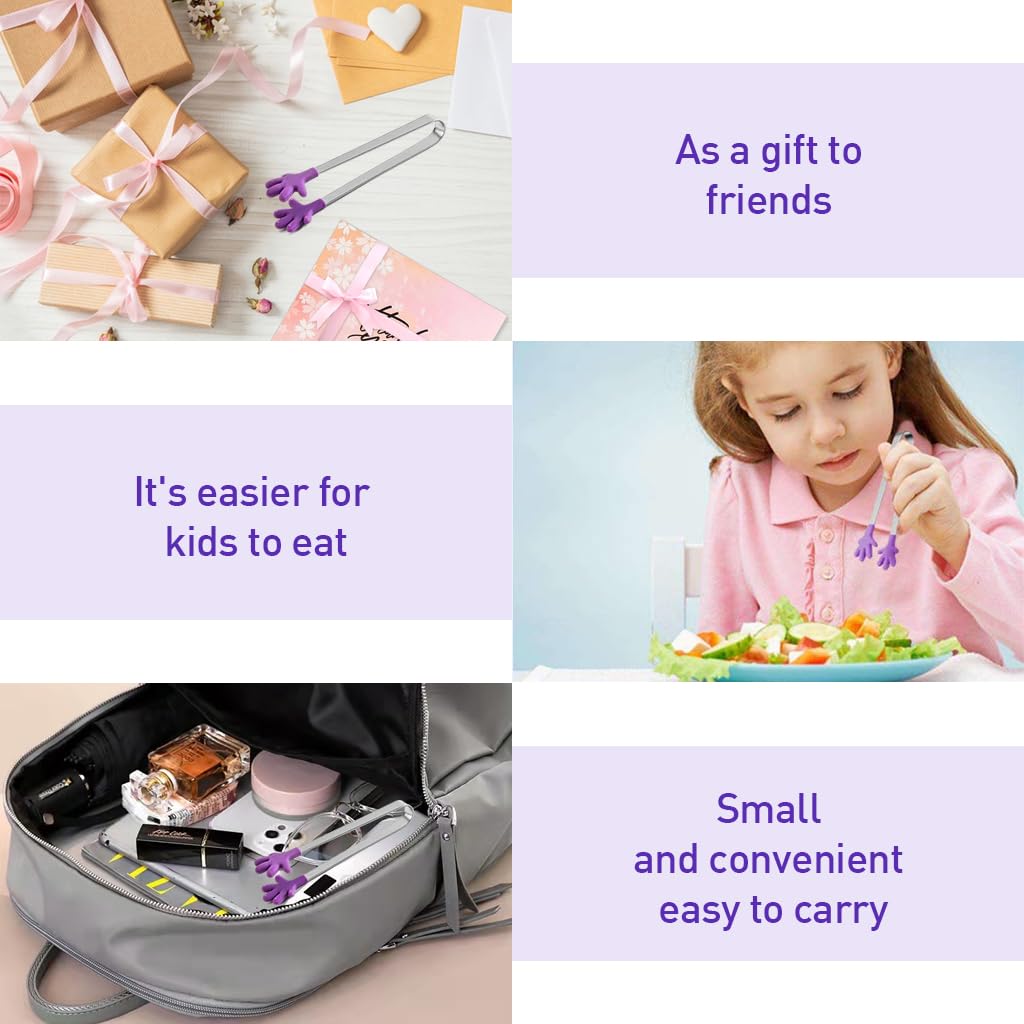 HASTHIP 3Pcs Small Kitchen Tongs 5.1'' Stainless Steel Creative Color Silicone Palm Food Tongs Dessert Pastries Tongs Ice Cube Tongs Sushi Tongs Kids Food Tongs Party Supplies