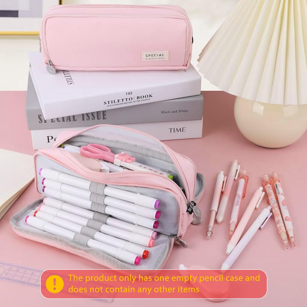 Climberty Large Capacity Pencil Case, 3 Compartment Pouch Pen Bag with 8 Elastic Pen Sleeves, 3 Zipper Portable Storage Pencil Pouch for School Teen Girl Boy Men Women (Pink)