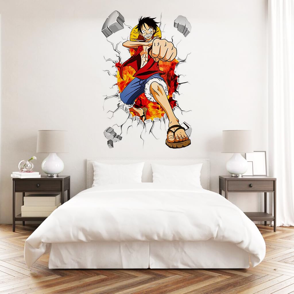 HASTHIP 1 Sheet 3D Wall Paper Sticker Anime Onepiece Monkey D Luffy 3D Wall Paper Self Adhesive PVC Wall Paper Removable Cartoon 3D Wall Paper for Kids Room, Bed Room, Living Room, 19.6 x27.5 inches