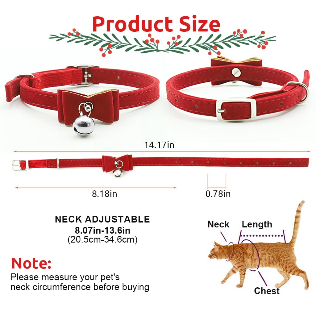 Qpets Cat Collar, Adjustable Cat Belt, Strong Breakaway Buckle Cat Collar with Bell, Velvet Neck Strap Cats Collar Soft Plush Collar Cat Gift (Total Length 36CM/14.17in)