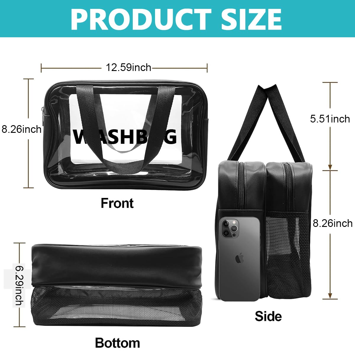 MAYCREATE Travel Toiletry Bag, Large Clear Makeup Bags, 2 in 1 Cosmetics Bag with Zipper Handle, Translucent Waterproof and Draining Travel Accessories Bag, Black