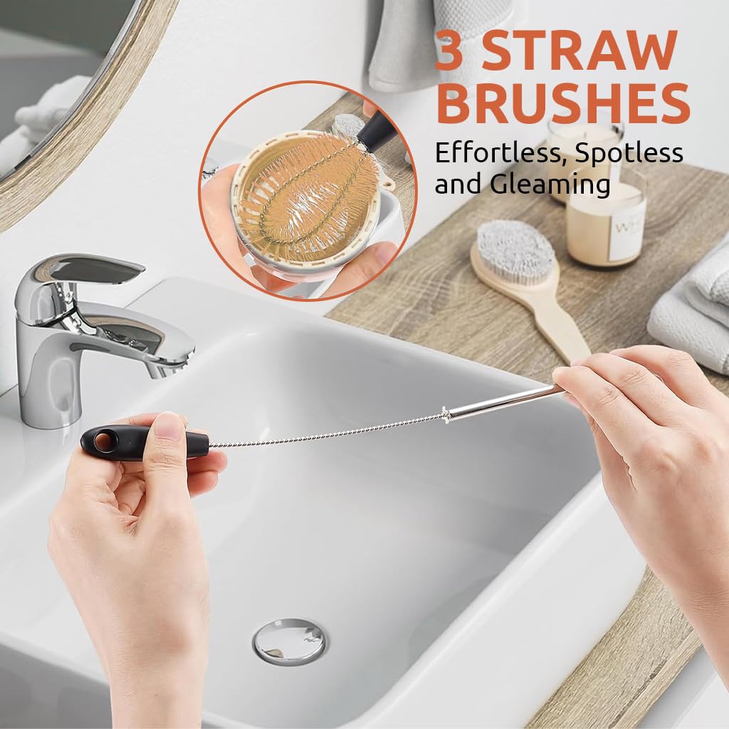 HASTHIP 3 Pcs Bottle Cleaning Brush with Straw Cleaner, Long/Short Handle Bottle Cleaning Brush for Deep Cleaning Water Bottles, Baby Bottles, Coffee Cups (Black)