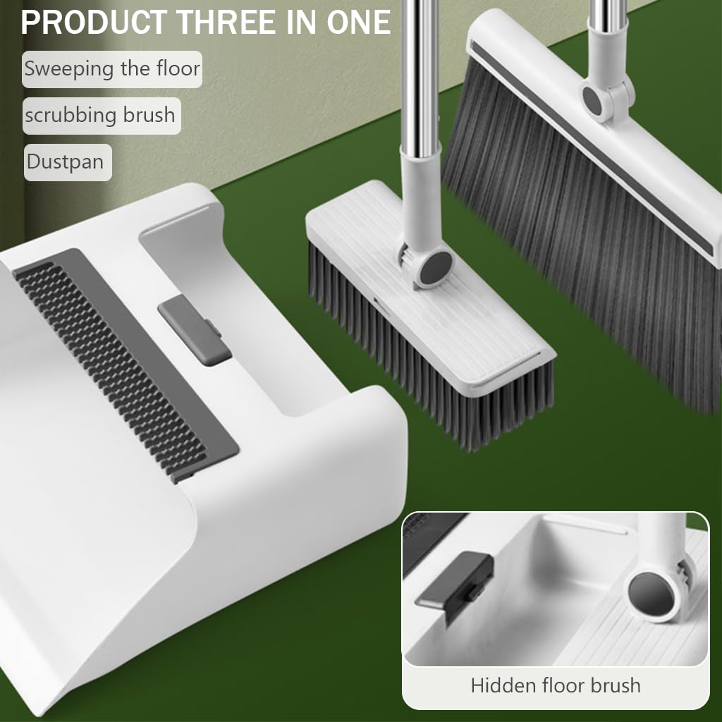 HASTHIP Broom and Dustpan Set for Home, Stand Up Broom Dustpan Combo with Intergrated Long Handle Floor Brush ( 3 in 1 )