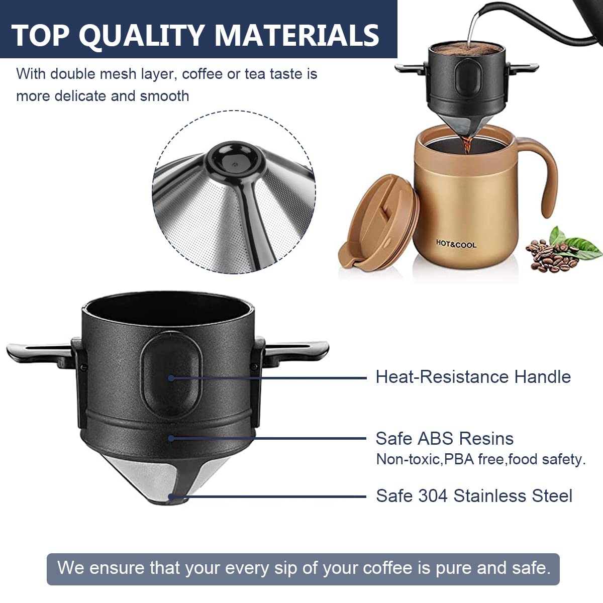 ZORBES Stainless Steel & Food Grade Plastic Foldable Double Mesh Pour Over Coffee Filter Maker with Bottom Cup,Coffee Dripper 100% Paperless to Fit Most Cup Keep Coffee Flavour Easy Use & Clean