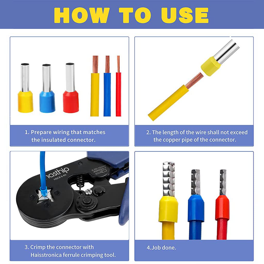 HASTHIP Ferrule Crimping Tool Kit,Self-Adjusting Square Wire Crimper Plier for AWG23-7 with 1200PCS Red Copper Wire End Terminals,Sleeves Ferrule Ratchet Wire Crimping Tool-Ferrule Crimper Kit