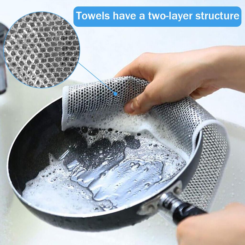 HASTHIP 5Pcs Double Layer non scratch wire dish cloth Multipurpose Wire Dish Cloth for Kitchen Scrubbing and Cleaning Dishes, Pots, Sinks, Reusable Non Scratch Wire Dishwashing Rags for Wet and Dry