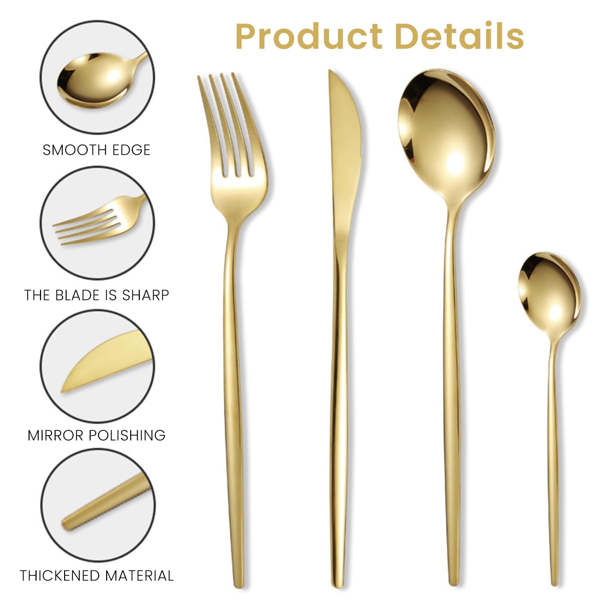 HASTHIP 16 Pcs Stainless Steel Flatware Set, Knives, Dinning Spoon and Fork, Food Grade Dinnerware Set For Home, Kitchen, Restaurant, Mirror Polished, Exquisite Long Handle Cutlery (Gold)