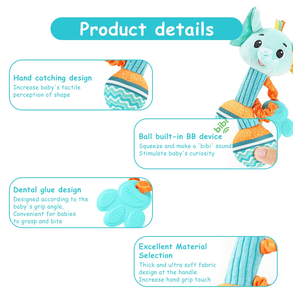 PATPAT Rattles for 6 to 12 Months with Teether, Baby Stuffed Toys Elephant Rattle with Elastic Hand Rope, Sensory Toys for Kids, Soft Toys for Babies Cartoon Animal for Toddler, New Born Baby Gifts