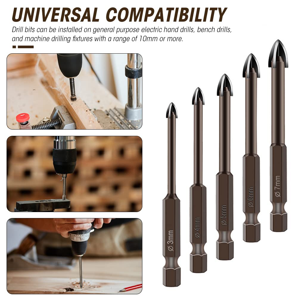 HASTHIP 5Pcs Glass Tile Concrete Drill Bit Set, Multi-Function Triangle Cross Alloy Drill Bit Tip Tools, Hex Shank Tungsten Carbide Tip Drilling Tools for Glass, Ceramic Tile Wall, and Wood (3-7 mm)