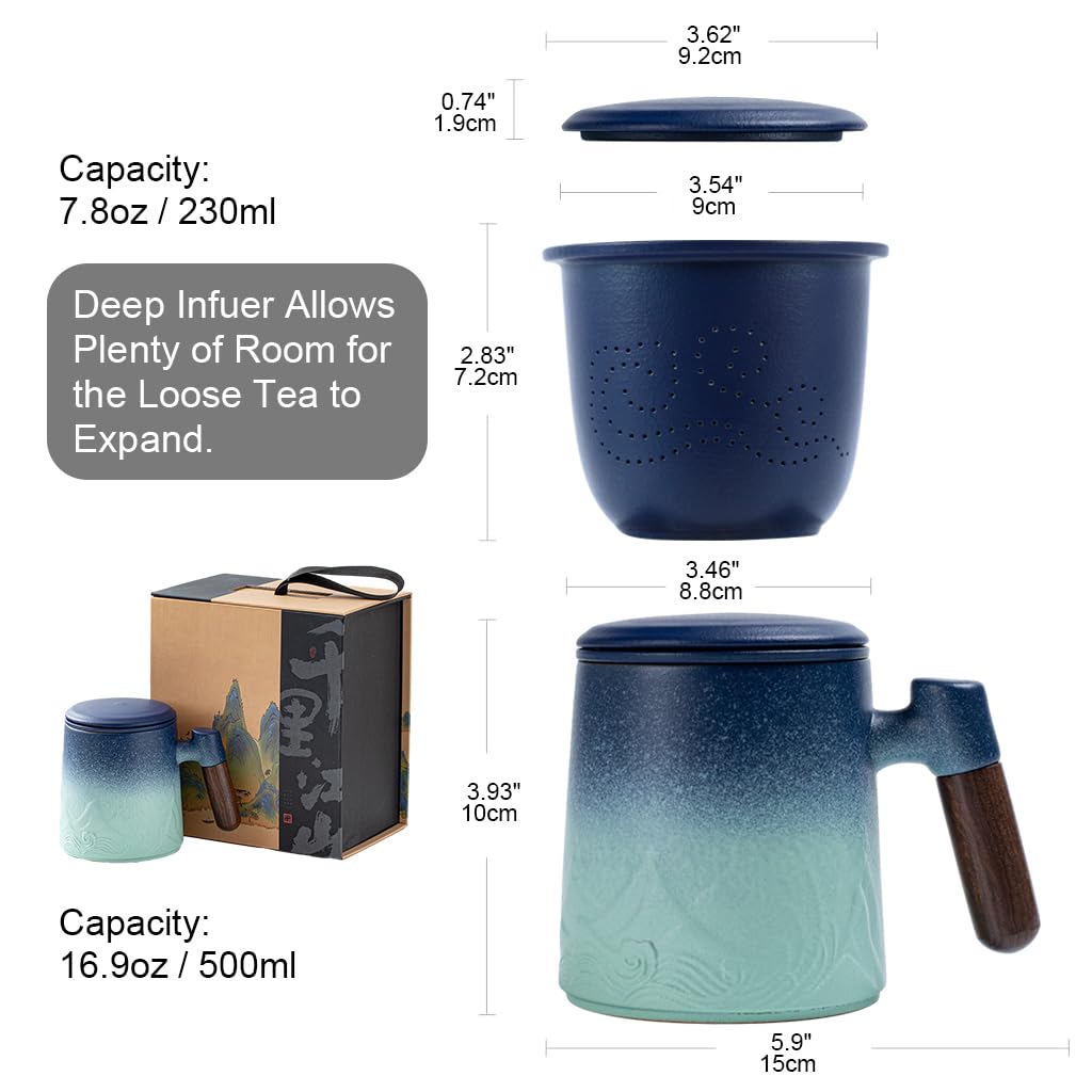 Supvox Tea Cup Ceramics Tea Cup with Separate Ceramics Tea Infuser Ceramics Gradient Blue Tea Mug Carving Mug Wall Design with Wooden Handle Ceramics Tea Mug with Gift Packing Ideal Gift