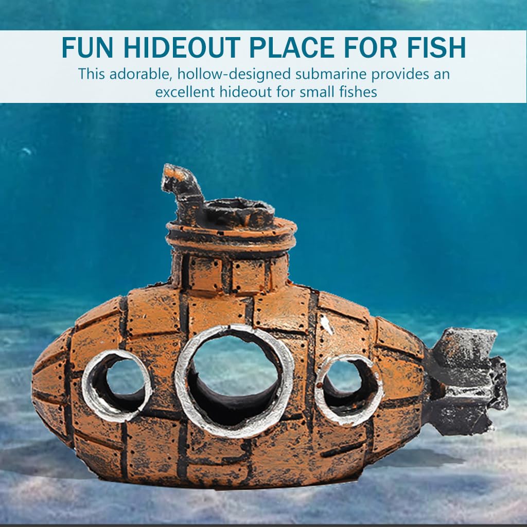 Qpets Aquarium Decoration, Floating Cartoon Submarine Model Fish Tank Decoration, Resin Hollow Out Submarine Ornament Fish Hideout Cave Desktop Decoration Best for Study / Office / Living Room