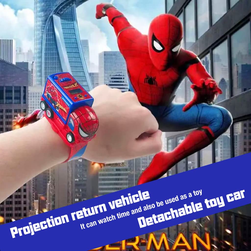 PATPAT Spiderman Watch for Kids, 2 in 1 Detachable Pull Back Truck Car Kids Watch with 6 Images Projector, Spider-Man Digital Watchs for Kids, Watch Car for Kids Girls