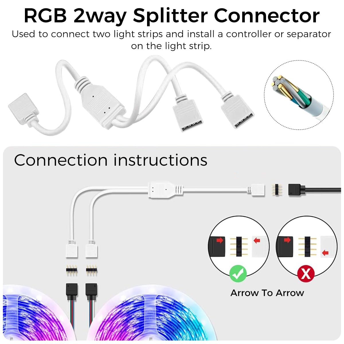 HASTHIP LED Strip Light Connectors Kit RGB LED Strip Connector Kit LED Modification Connector Kit for 10mm 4 Pin 5050 RGB LED Lights, Solderless Adapter 2 Way Splitter Strip Jumper