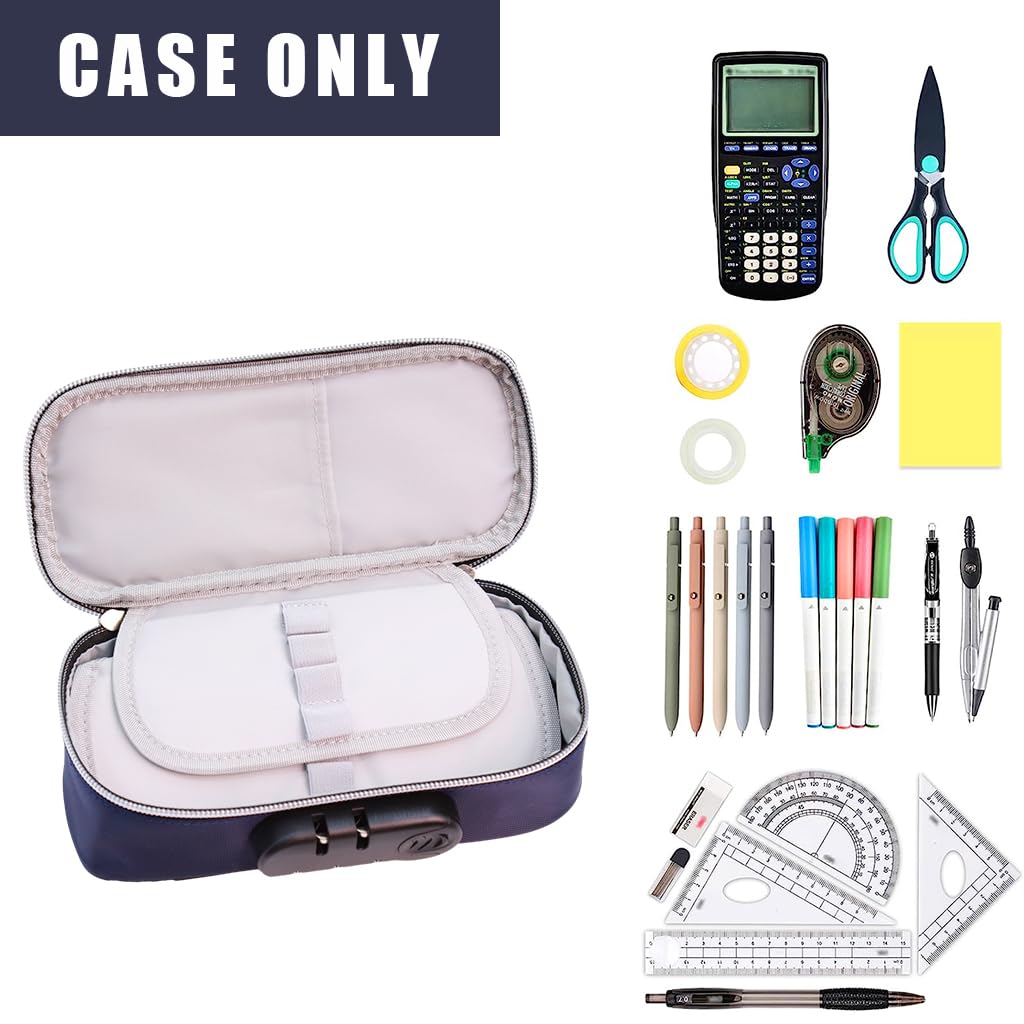 HASTHIP Large Capacity Pencil Case with Combination Lock, 4 Layer Compartments Big Capacity Pencil Pouch for Boys Girls, Waterproof Pencil Box with Pen Insert Compartment for School (Blue)