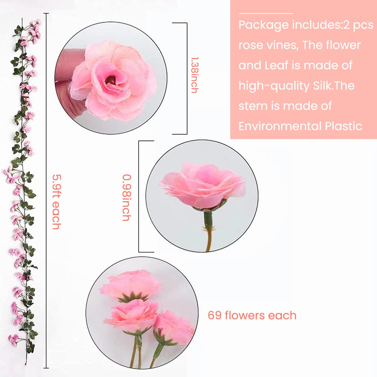 HASTHIP Artificial Rose Flowers Vine Garland, 1.8m Fake Artificial Flower Hanging Rose Ivy Flowers Garland Ornament for Door, Room, Garden, Wedding Decroation, Pink