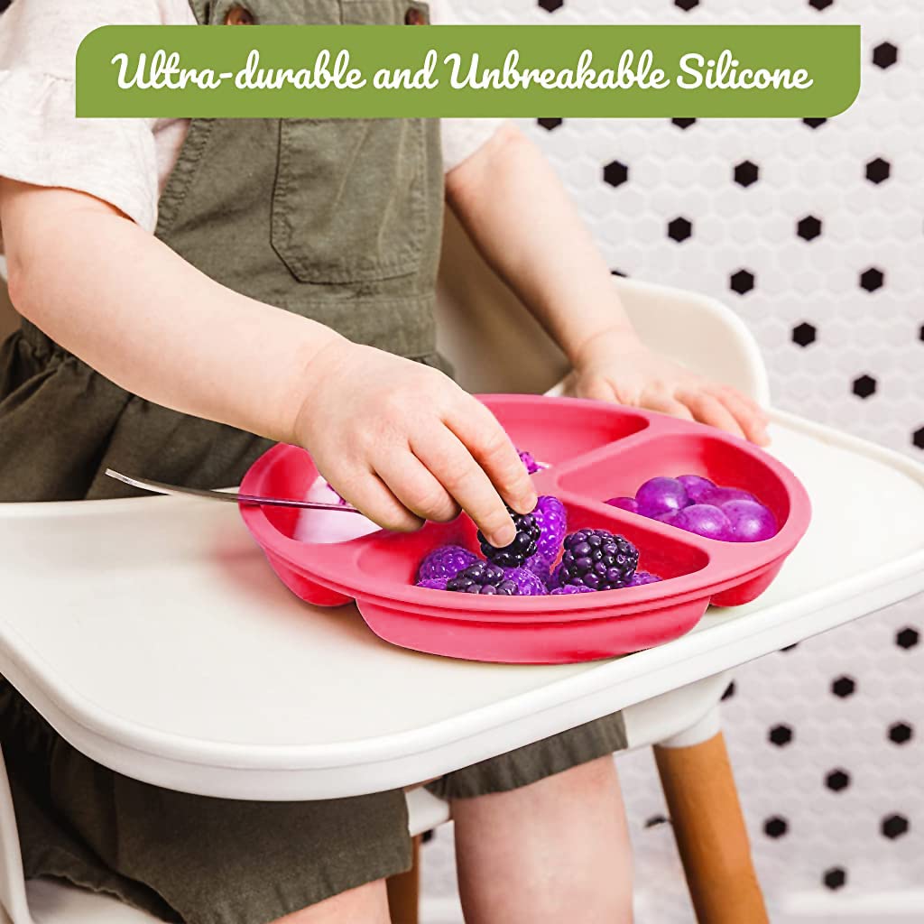 SNOWIE SOFT Baby Suction Plates for Baby Feeding with Lid and 4 Strong Suction Cups, Silicone Toddler Plates with Deep Divided for Kids to Feed Themselves, Dish Washer & Micro-Wave Oven Safe