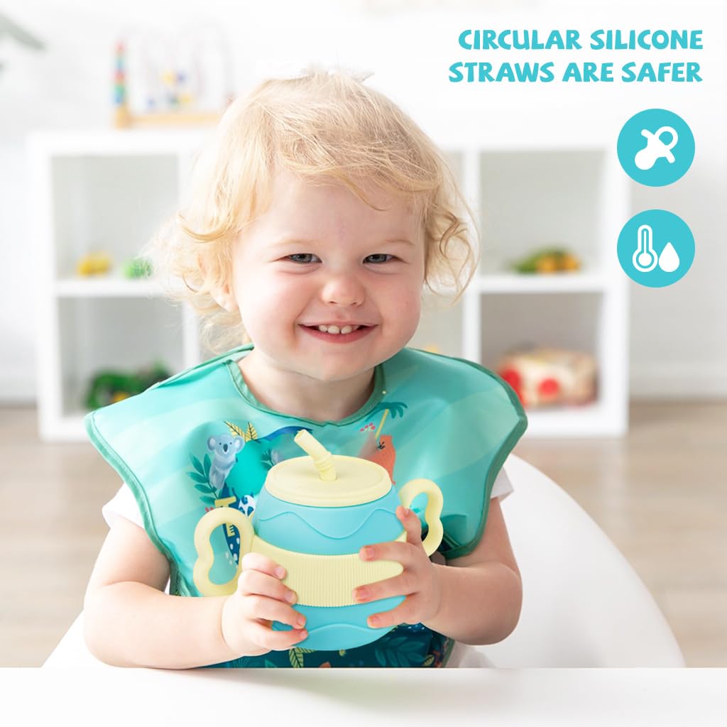 SNOWIE SOFT Silicone Cup for Baby 200ml Portable Silicone Training Cup with Ears Baby Cup with 2 Lids, Soft Silicone Straw Bottle for Kids, BPA-Free, Spill Proof Non-Slip Sippy Cup for Toddlers