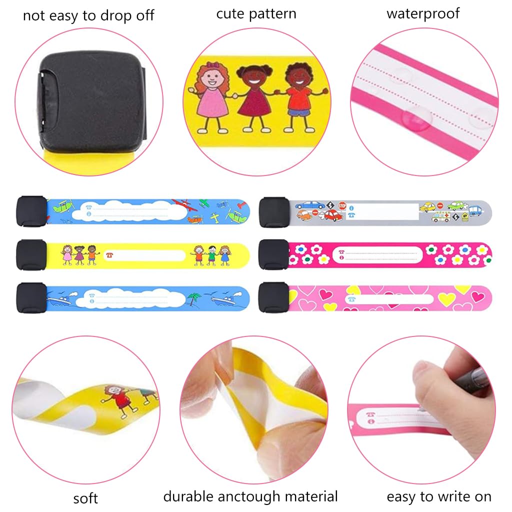 Climberty® Kids Safety ID Wristband - 12 Pack Waterproof PVC Wristband, Write-on Wristband Anti-Lost Identification Wristband with Buckle for Travel, Outing, Group Activity, 19.2cm x 2.15cm