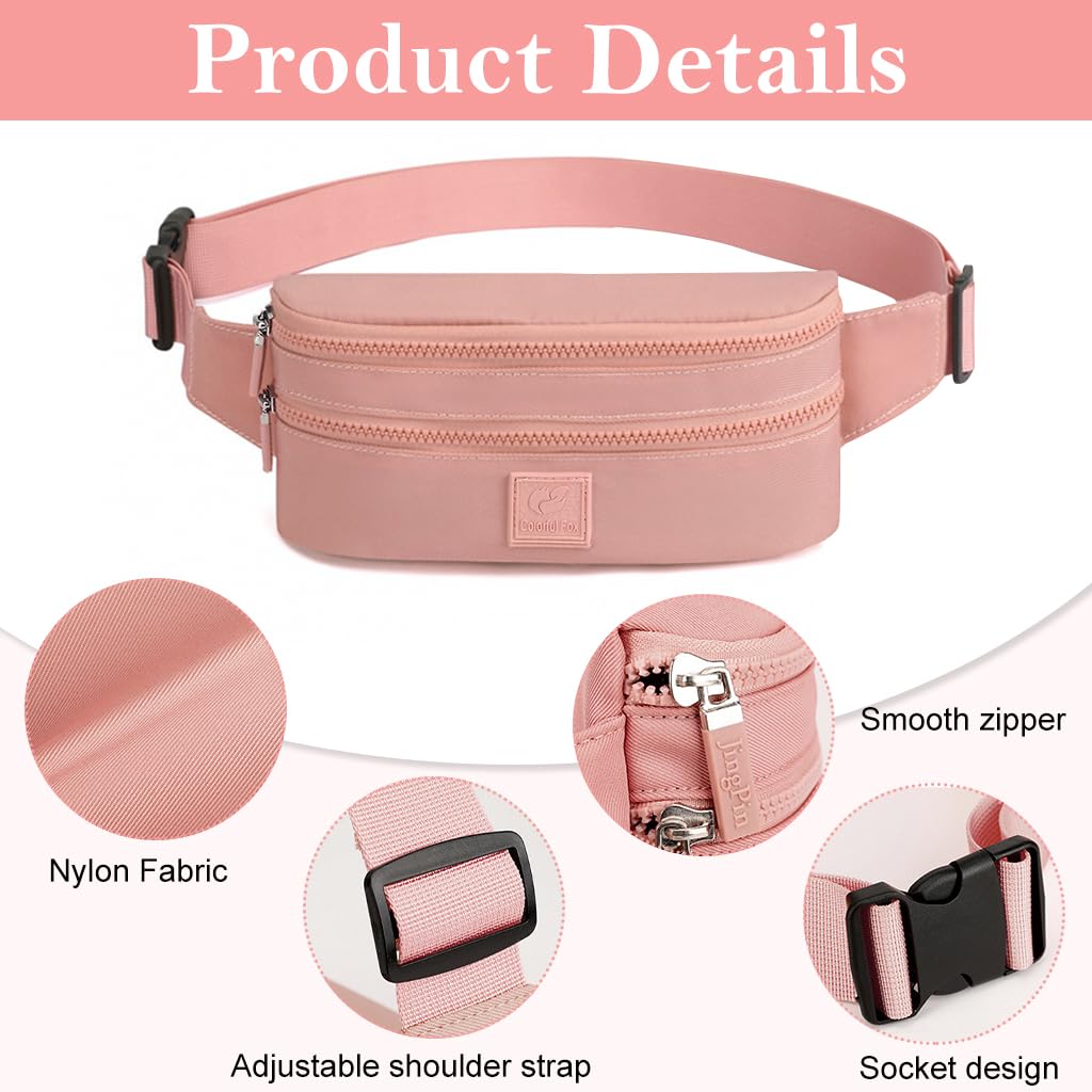 PALAY Fashion Waist Bag for Women Double Layer Lightweight Nylon Waist Pack Chest Bag Phone Sling Bag Casual Waist Bag with Adjustable Waist Belt Design Jogging Item Bag Bum Bag, Pink, 24x5x12cm