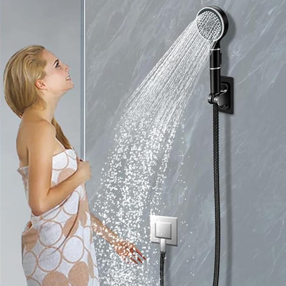 Serplex Pressurized Shower Head with Built in Filtration Double Sided Handheld Shower Brush Scrubber Shower Head with 5 Spray Modes 2 in 1 Spa Shower Head with Water Stop Button Universal Shower Head