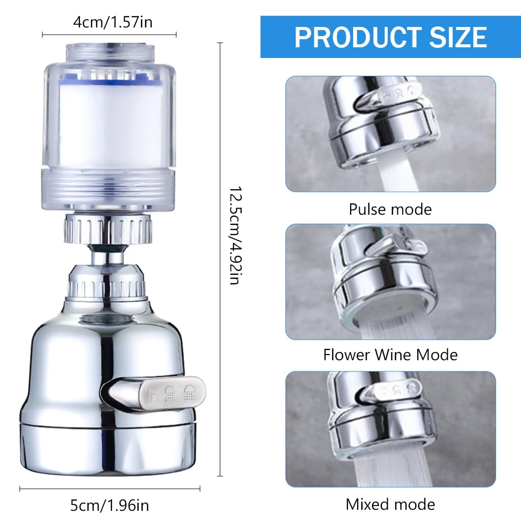 Supvox Faucet Filter Multifunctional Kitchen Sink Faucet Filter with 3 Modes 360 ° Rotatable Splash-Proof Faucet Filter Extender Facuet Filter Universal Water Faucet Filter with Multi Washer Adapters