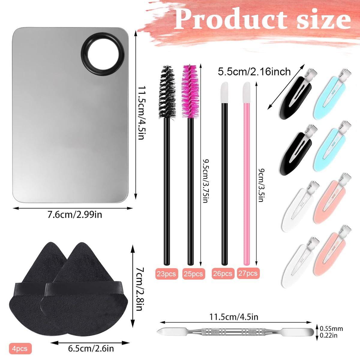 MAYCREATE Makeup Applicators Kit Includes Triangle Powder Puff, Mixing Palette, Foundation Spatula, Mascara Wands, Lip Brush & Hair Clips Makeup Acessories Tools Set