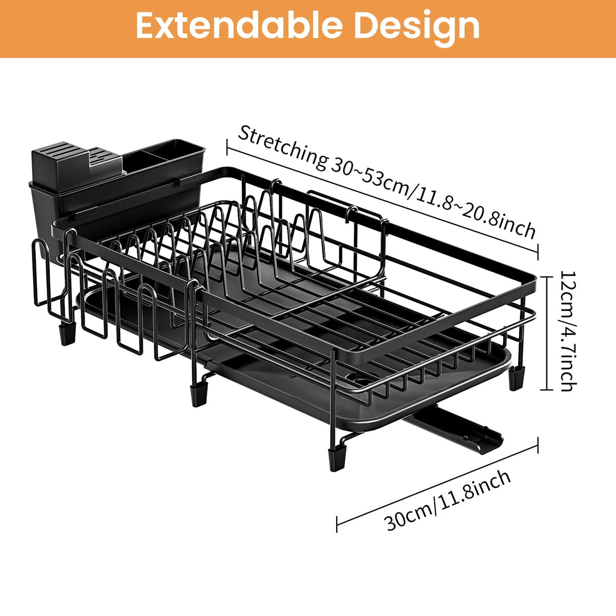 HASTHIP Dish Dry Rack with Drip Tray Metal Large Size Dish Dry Rack Drainer with Cup Holder, Telescopic Tableware Holder Organzier Kitchen Multipurpose Dry Rack for Dish, Bowl, Tableware, Cup