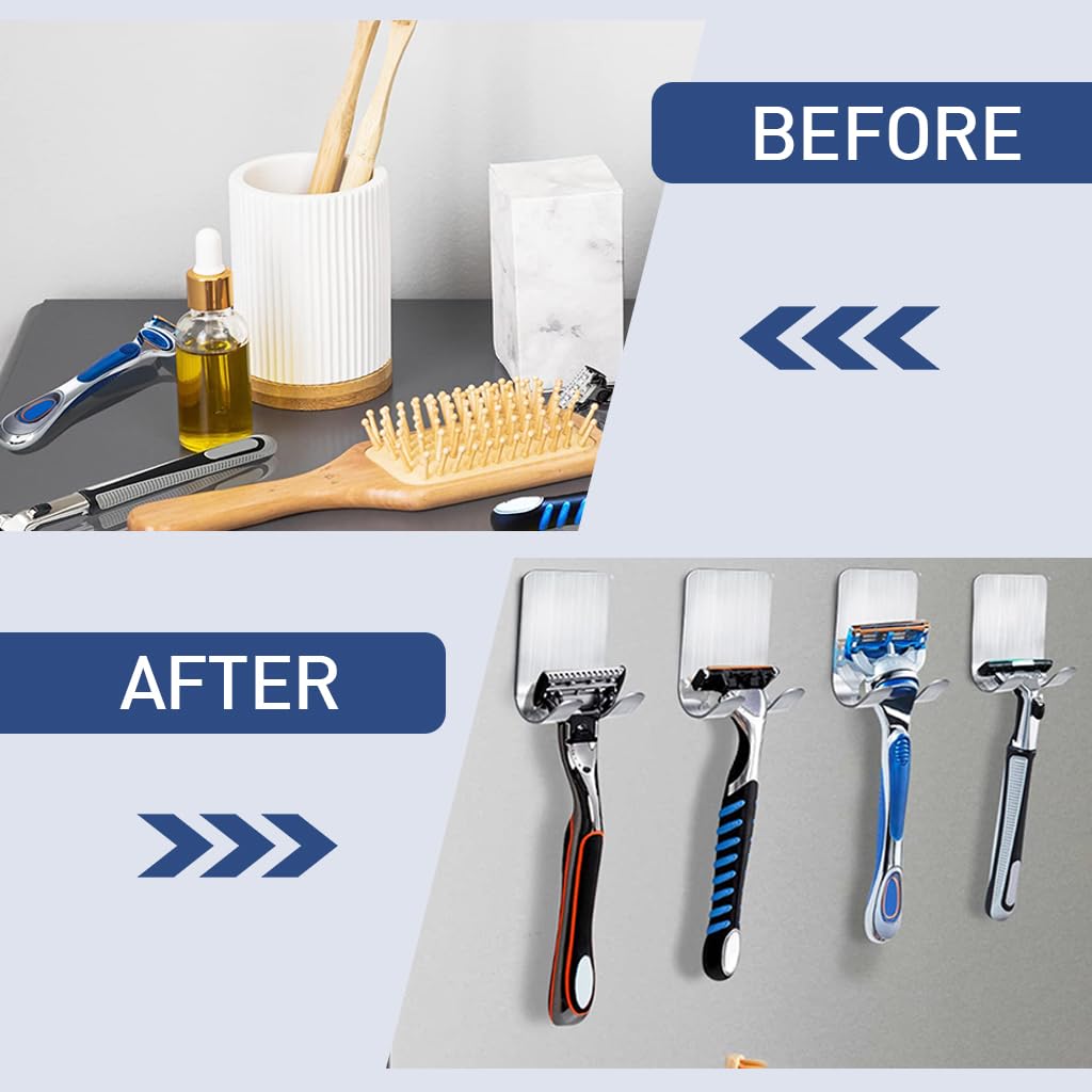 HASTHIP 5Pcs Wall Hooks Self Adhesive Razor Holder Rack Men's Shaver Holder Rack Brushed 304 Stainless Steel Bathroom Towel Hooks Dual-Hook Wall Hooks Metal Hooks for Bathroom, Kitchen