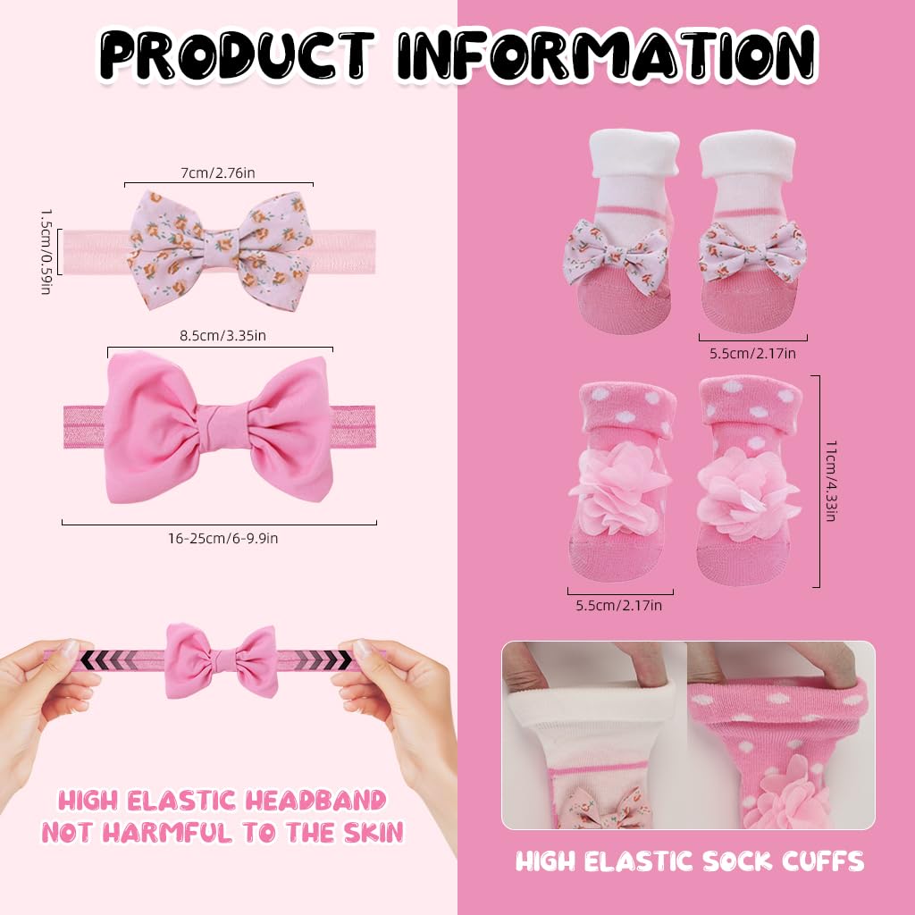SNOWIE SOFT Baby Socks Set 0 to 12 Months, 2pairs Cute Baby Girl Socks with Bow Headband Breathable Cotton Socks for Girls Striped Dot Socks for Kids Baby Girl 0-12 Months Gift for New Born Baby Girl