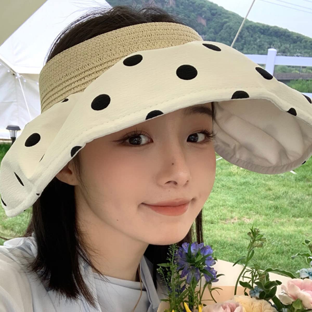 PALAY Sun Hats for Women Stylish Wide Brim Sun Caps for Women Casual Beach Hat Dots Pattern Ponytail Sun Visor Travel Summer Hats - Packable & Foldable Brown