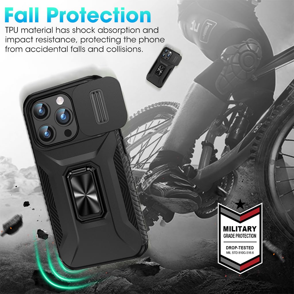 ZORBES Phone Case for iPhone 15 Max Multifunctional Phone Cover with Folding Phone Ring Grip & Sliding Camera Cover, PC Anti-Scratch Phone Case for iPhone 15 Max 6.7 inch Black