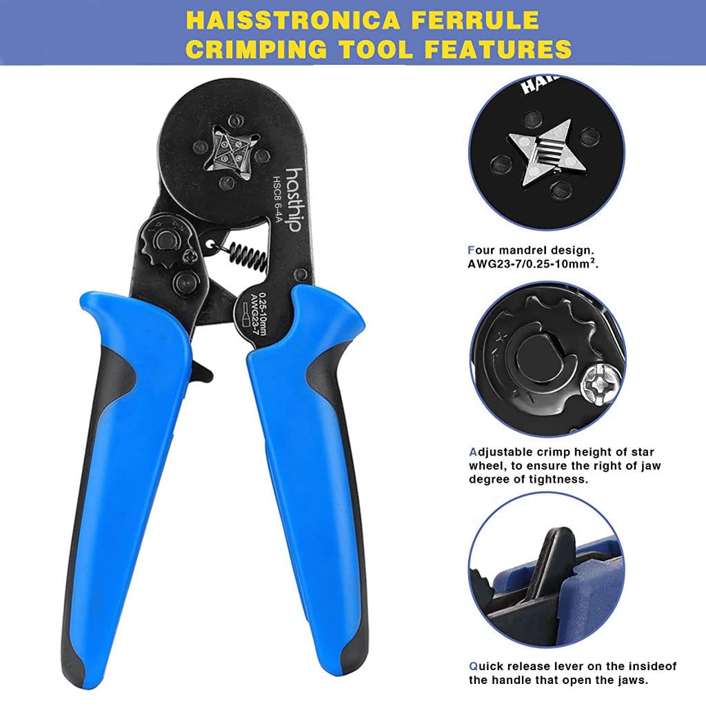 HASTHIP Ferrule Crimping Tool Kit,Self-Adjusting Square Wire Crimper Plier for AWG23-7 with 1200PCS Red Copper Wire End Terminals,Sleeves Ferrule Ratchet Wire Crimping Tool-Ferrule Crimper Kit