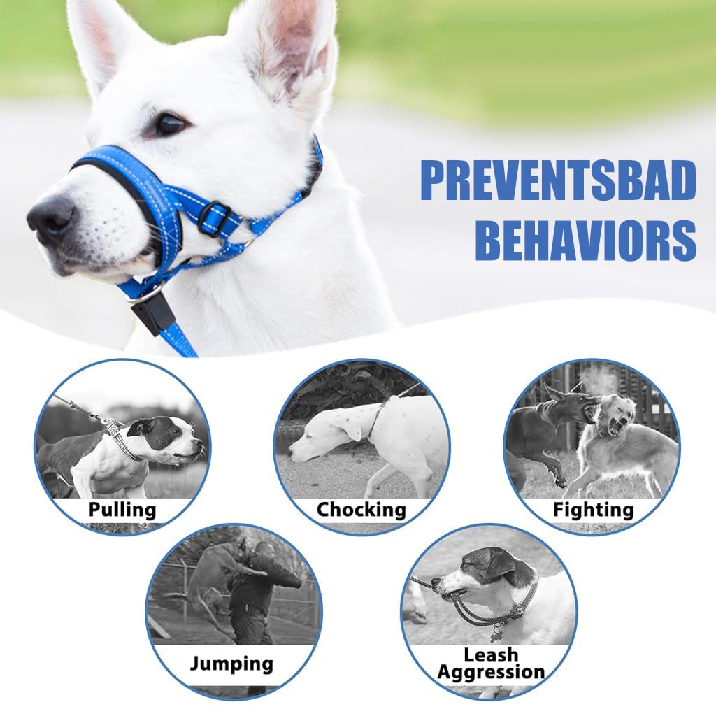 Qpets Adjustable Dog Collar Mouth Cover, Anti Bite Dog Soft Head Collar Nylon Dog Mouth and Nose Ring, No Pull Comfort Pet Head Collar Training for Walking Dogs (Neck 16.8