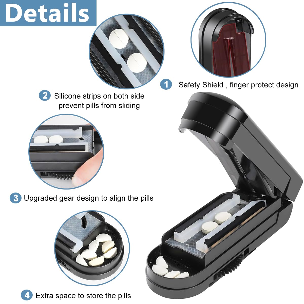 HANNEA Multiple Pill Splitter, Adjustable Pill Splitter Cutter with Accurate Pill Alignment, Stainless Steel Cutting Blade and Blade Guard for Multi Tablets, Vitamins, Black