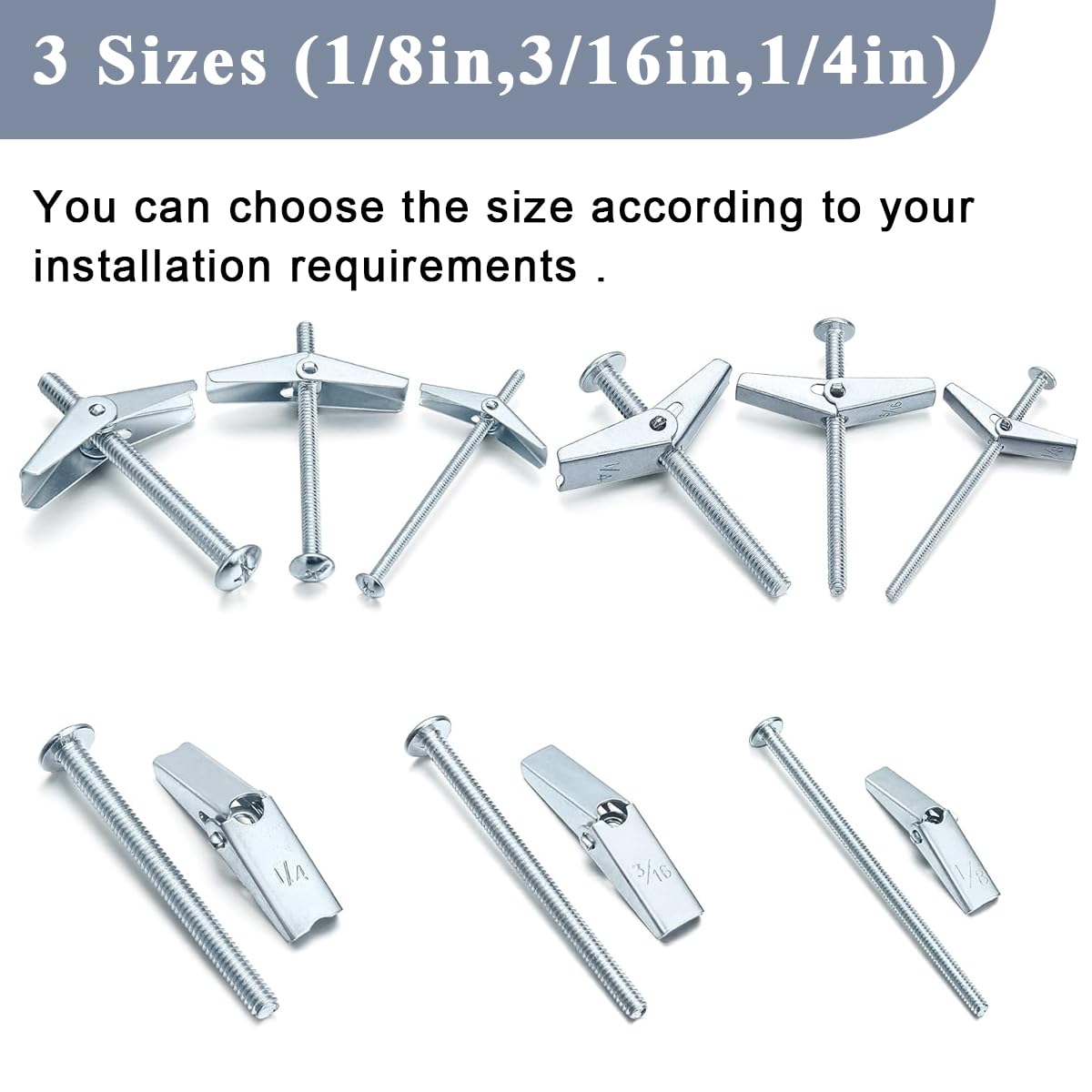 Serplex 24Pcs Butterfly Anchors Toggle Bolts Toggle Anchors Drywall Anchor and Screws Assortment Set Carboon Steel Wing Toggle Bolt Standard Wing Toggle Bolts with 3 Sizes (1/8in, 3/16in, 1/4in)