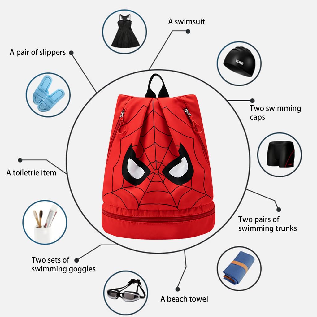 PALAY Swimming Bag for Kids Spider Man Print Shoulder Bag for Kids Large Capacity Backpack for Boys Girls Wet Dry Separation Beach Bag